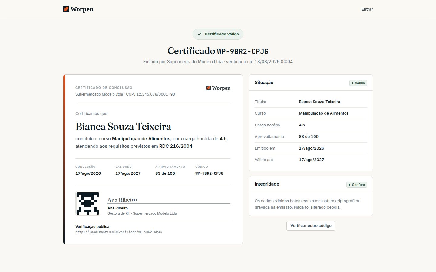 Página pública de verificação de certificado, mostrando o resultado de um código válido.
